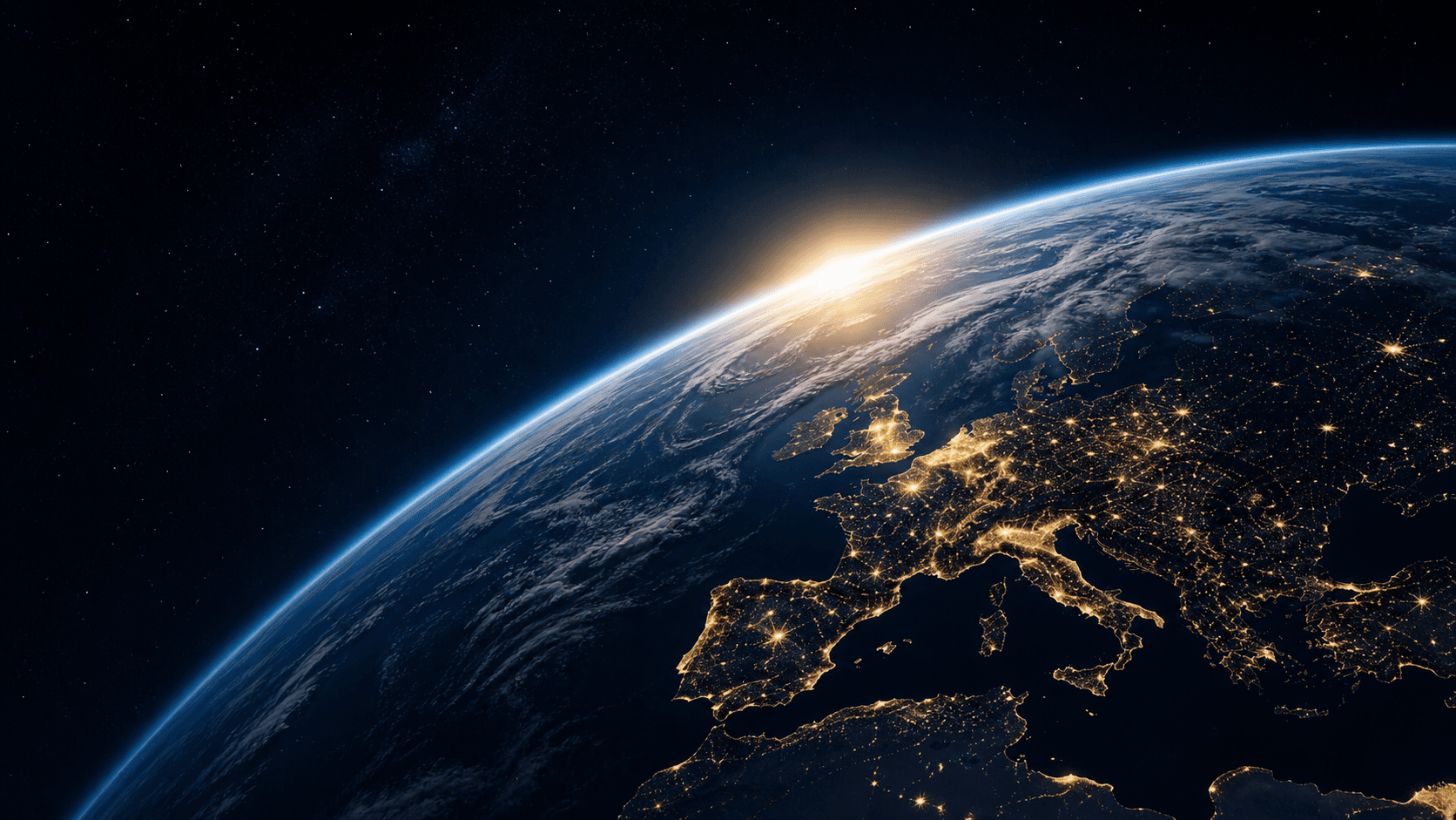 Earth at night with city lights viewed from space